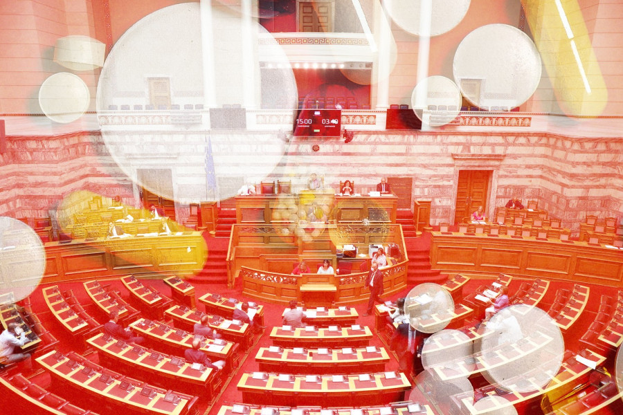 Photos from Eurokinissi (Greek Parliament) & Pexels (pills)