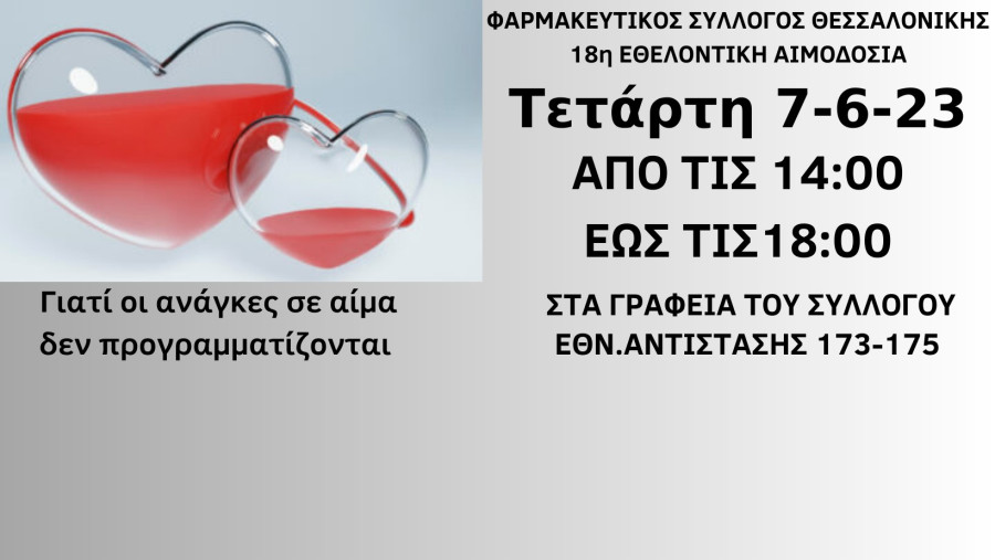 Αιμοδοσία διοργανώνει ο Φαρμακευτικός Σύλλογος Θεσσαλονίκης - Οδηγίες για τους εθελοντές